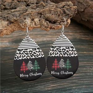 Christmas Tree & Leopard Pattern Teardrop Dangle Earrings